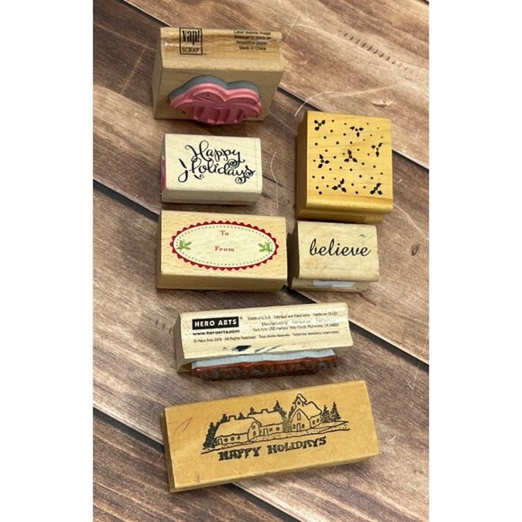 Lot of 7 mostly unbranded Holiday WOOD MOUNTED RUBBER STAMPS - Picture 3 of 4